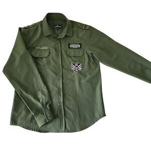 Airwalk Military Green Button Shirt Men’s L Long Sleeve Patches Utility